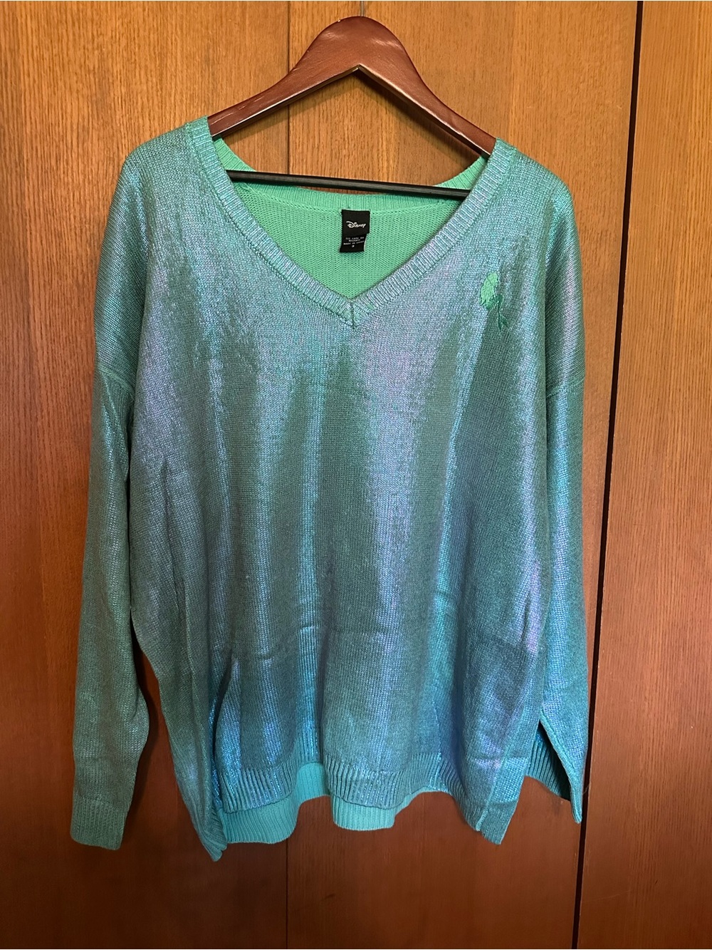 Disney Women's Shimmery Aqua Green V-Neck Sweater